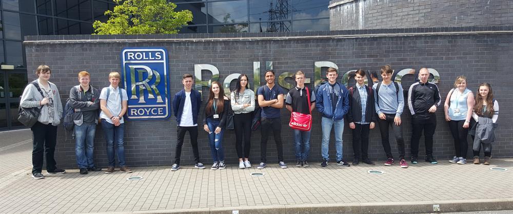 A-Level students outside the Rolls-Royce facilities in Derby.