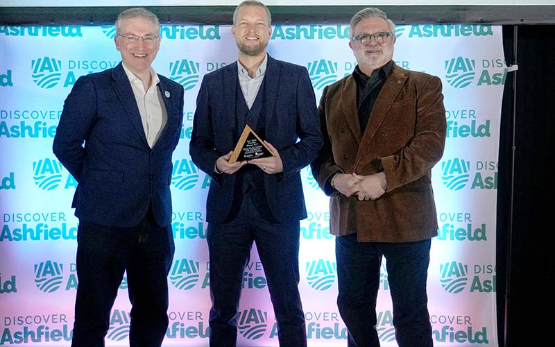 Ben Toule (centre), head of the Gene Haas Centre for Advanced Manufacturing, proudly accepts the award for Best Skills Provider from Discover Ashfield board members Cllr Matthew Relf, executive lead member for growth, regeneration and local planning at Ashfield District Council (left), and Martin Rigley OBE, chief commercial officer at Devtank.