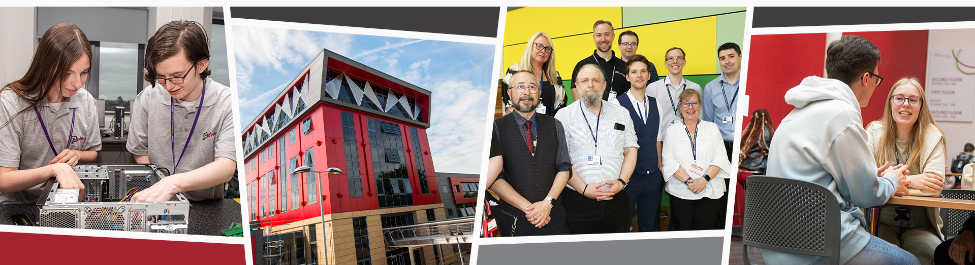 a banner made up of various images from college, including learners building a pc, an image of the derby road campus, a group of staff and students chatting together.