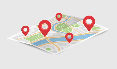 An illustration of a map with various pinpoints marking campus locations.