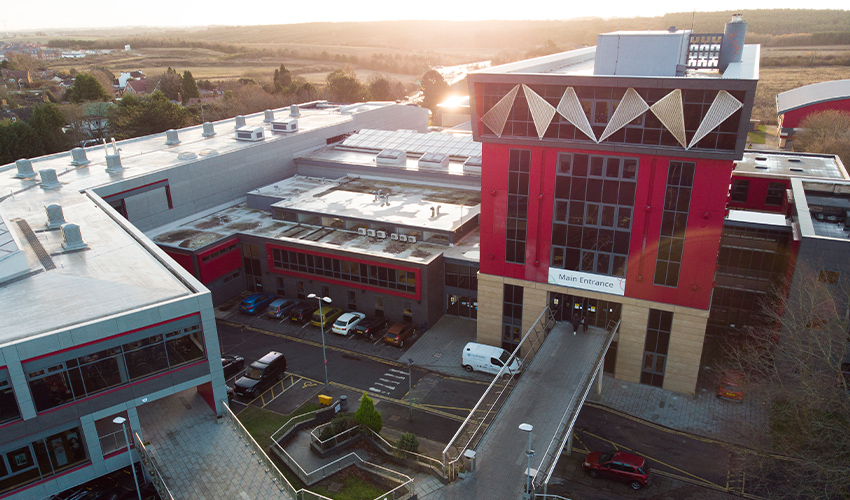 An aerial image of the Derby Road campus.
