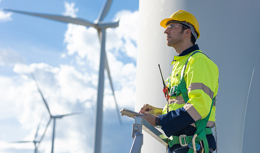 A worker in a high-visibility jacket and yellow hard hat stands against the backdrop of wind turbines, holding a clipboard.
