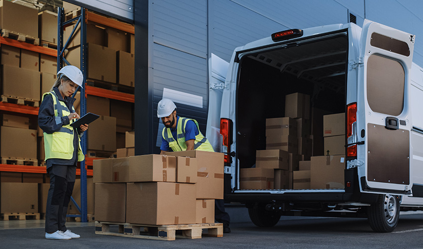 Two workers in high visibility vests, loading a van with large brown boxes.