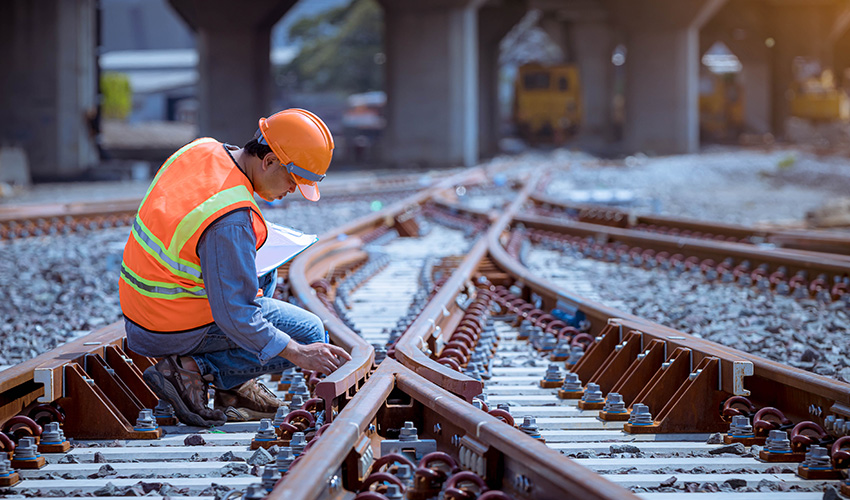 Man in high visibility vest and helmet working on a rail track.