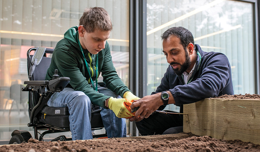 A student in a wheelchair being aided by a teacher, reaching towards some soil with a plant.