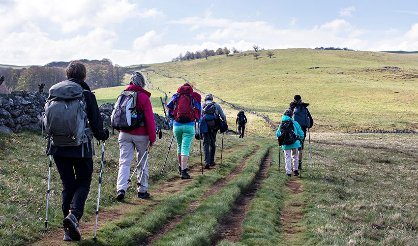 Group of people hiking through a field