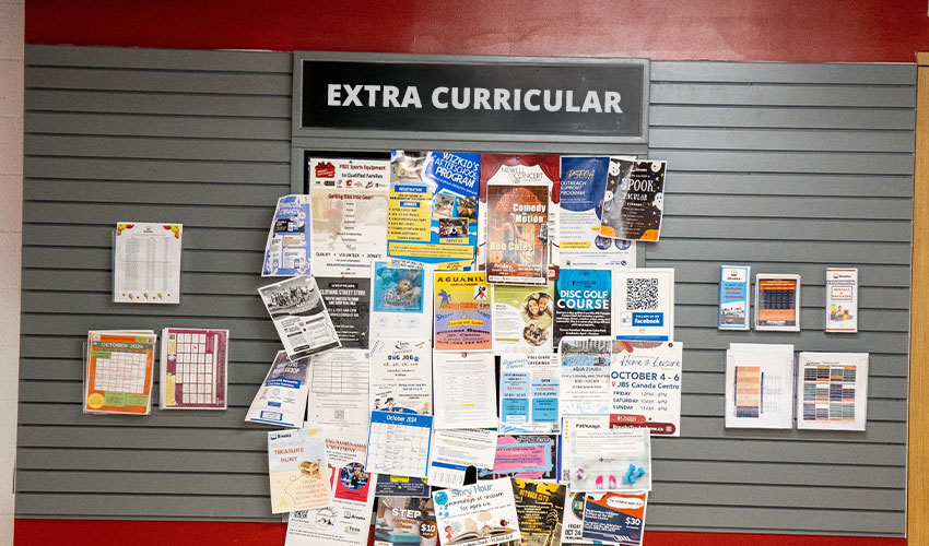 Bulletin board with posters attached