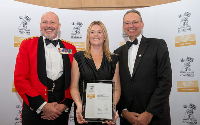Proudly displaying the college’s Employer Recognition Scheme Gold Award are (from left) college governor Lieutenant Colonel Keith Spiers, Sian Geeson and Andrew Cropley MBE.