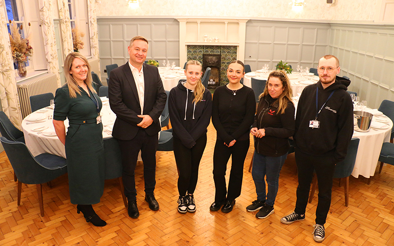 Left to right – Hannah Locke, head of travel and tourism, Ross Owen, head of hospitality at Welbeck Estate, Phoebe Hopkins, Jasmine Spencer, Aly Pemberton, operations manager at Welbeck Estate and Tim Pinder, work placement engagement officer.