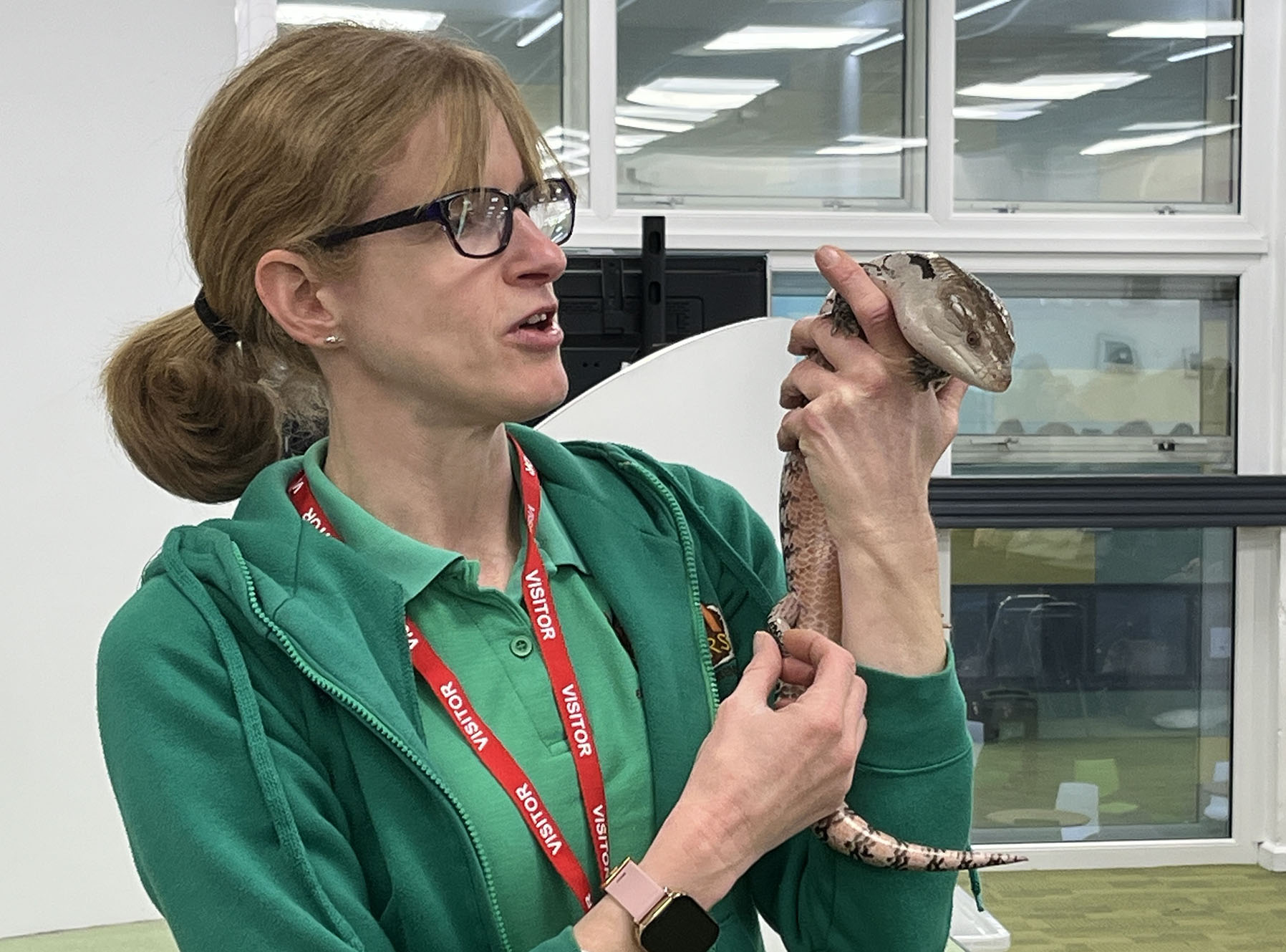 Lion Learners' Kristen Fielden with a blue tongued skink lizard