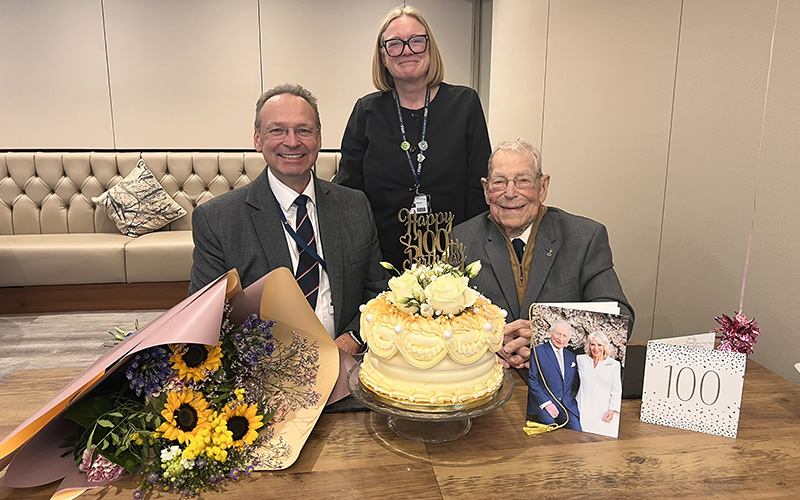 Left to right Andrew Cropley Louise Knott and Roy Broadley celebrate Roys 100th birthday in Refined