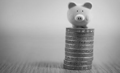 photo of a pig sitting on top of a pile of one pound coins