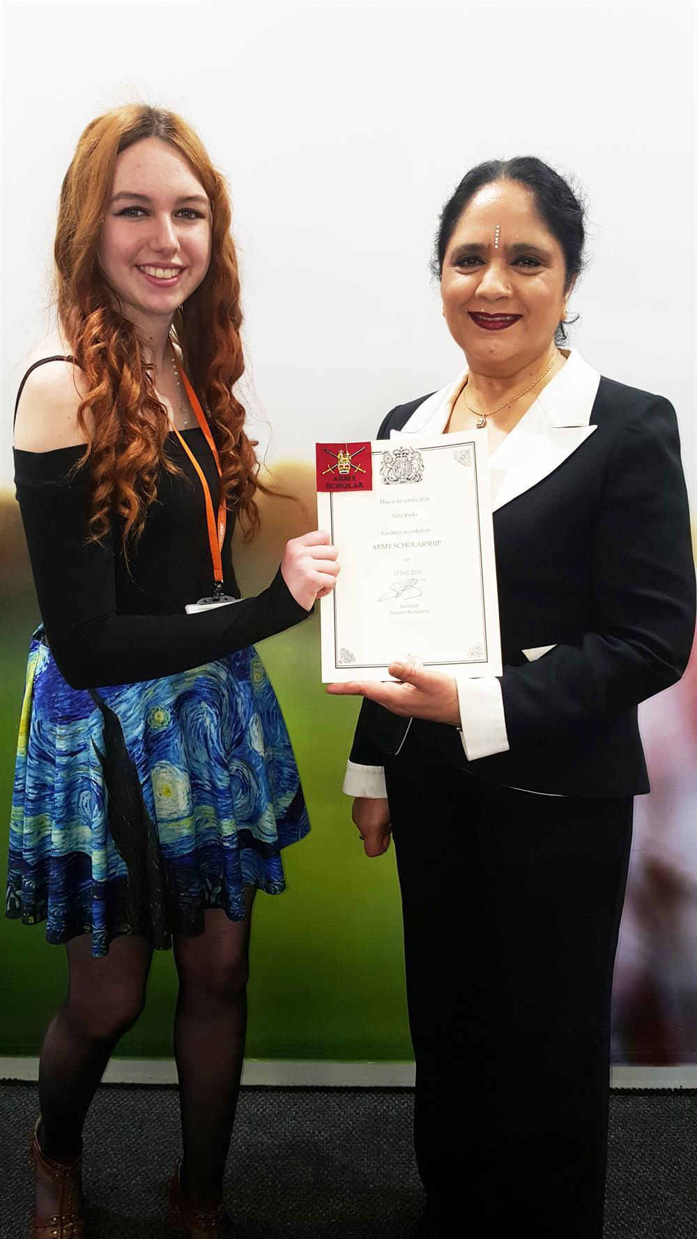 Sara was presented with her scholarship certificate for Sandhurst by Dame Asha