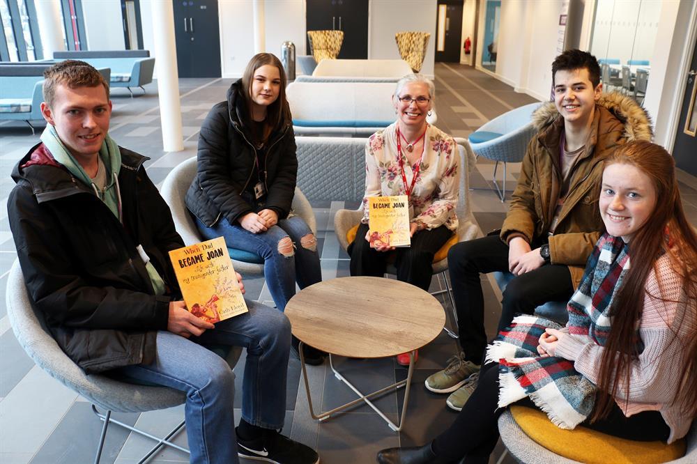 Author Cath Lloyd (centre) with students Brandon Lewis, 18, Jasmine Wood, 17, (left), Reece Bowskill, 16, and Chloe Simpson, 17 (both right).