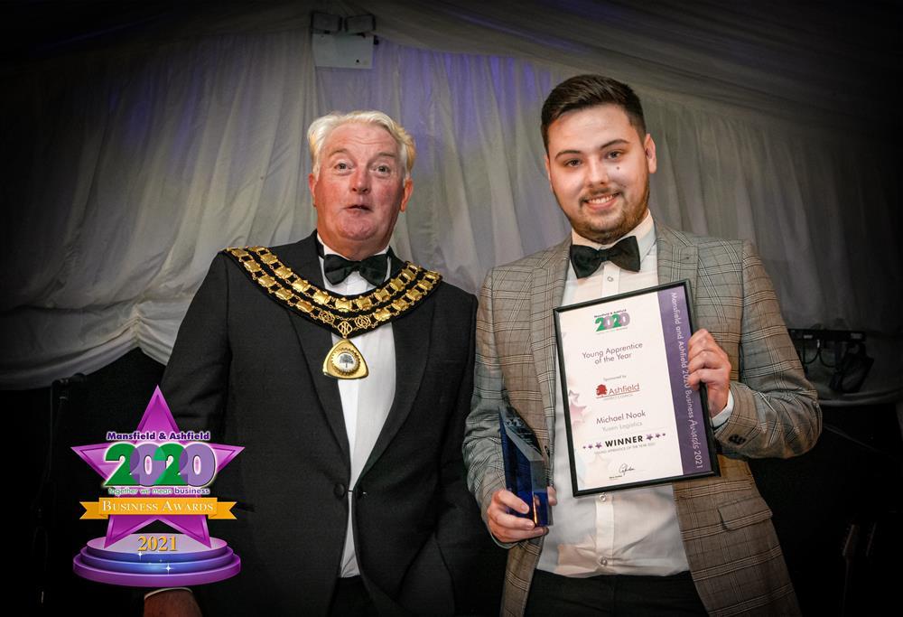 Chairman of Ashfield District Council, councillor Arnie Hankin with award-winning apprentice Michael Nock