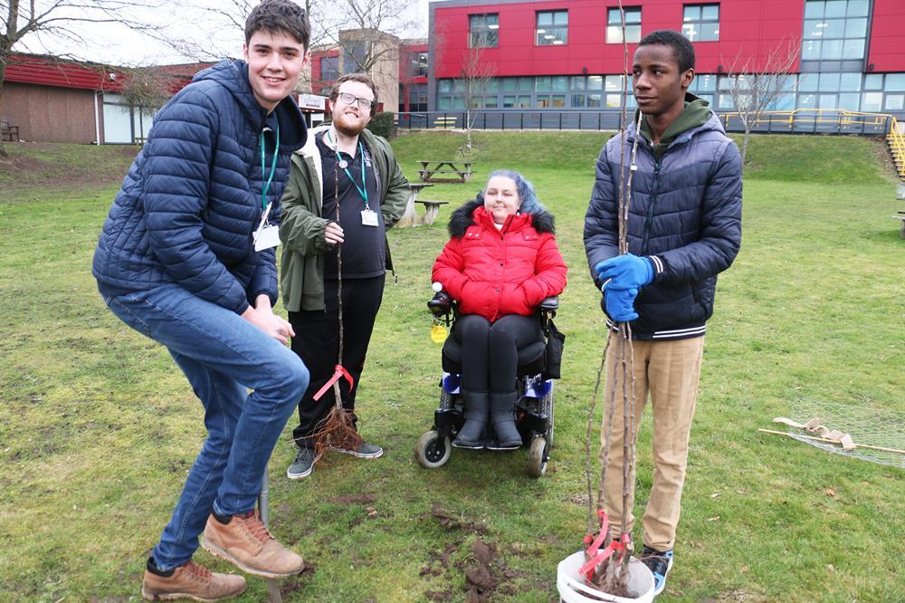 Students Christian Winterbottom, Callum Hobbs, Kira Carrington and Jonathan Lewis planted the first saplings