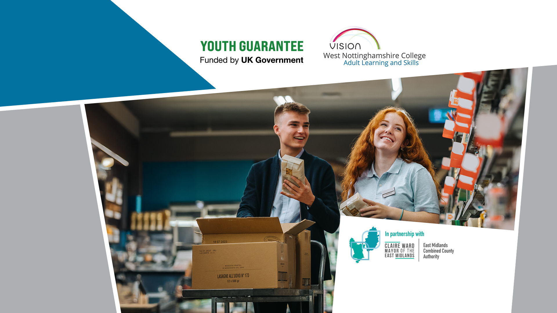 Two young people working in a supermarket in uniform.