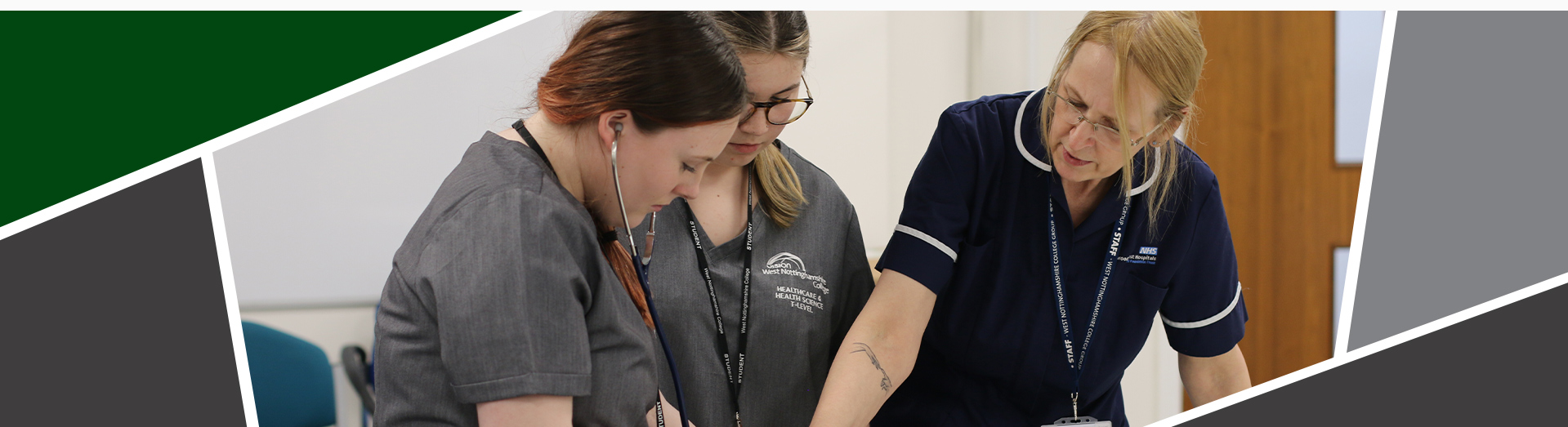An image of healthcare students holding a blood pressure machine, being taught by a tutor how to use it.