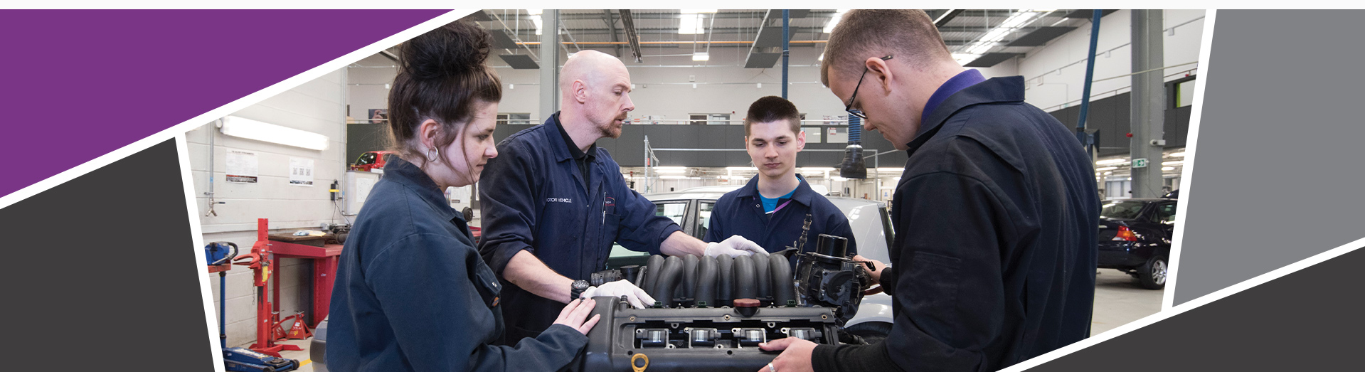 An image of students and staff around an engine.