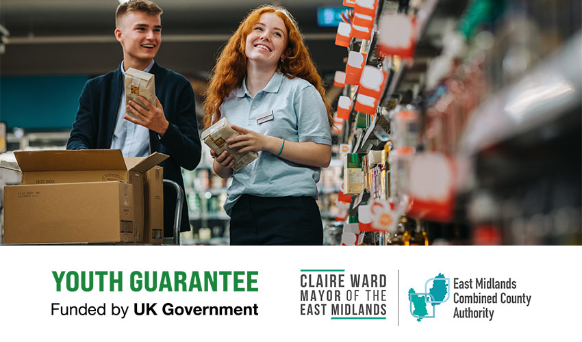 Two young people stacking shelves in a supermarket with the Youth Guarantee and EMCCA logos underneath.