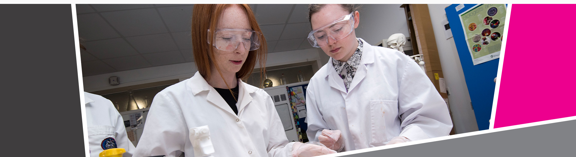 An image of two learners in lab coats, conducting a practical science experiment.