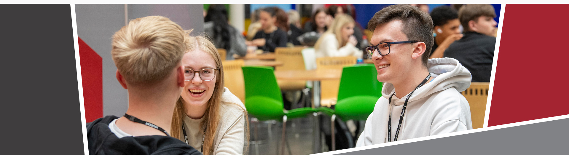 A banner of three students chatting together laughing.