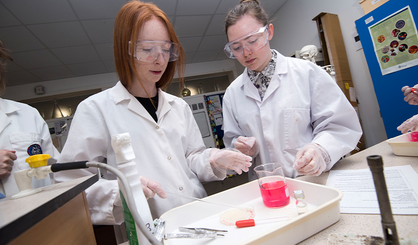 An image of two learners in lab coats, conducting a practical science experiment.