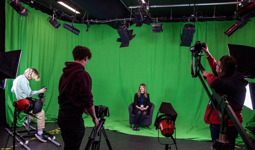 The fully equipped TV studio emulates a real-life setting.